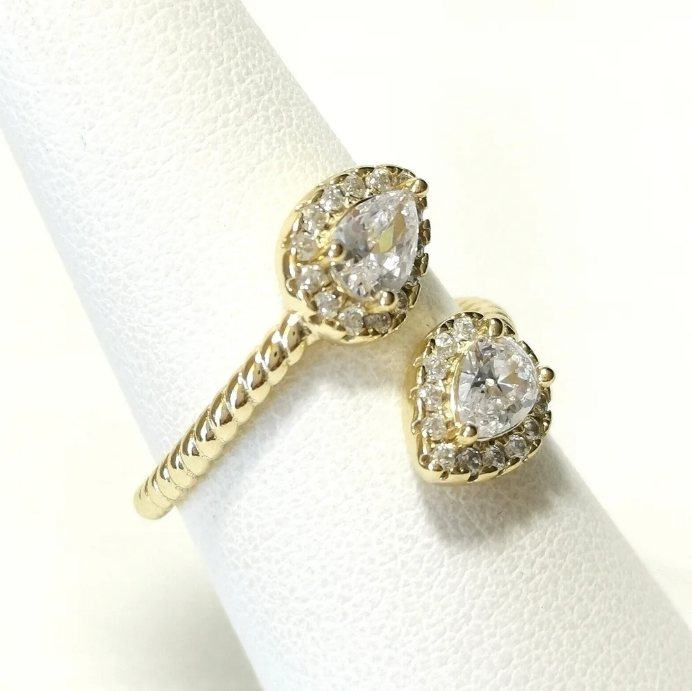 14k Gold teardrop pear cut cz ring Toi et Moi Bypass design size 6 🆕